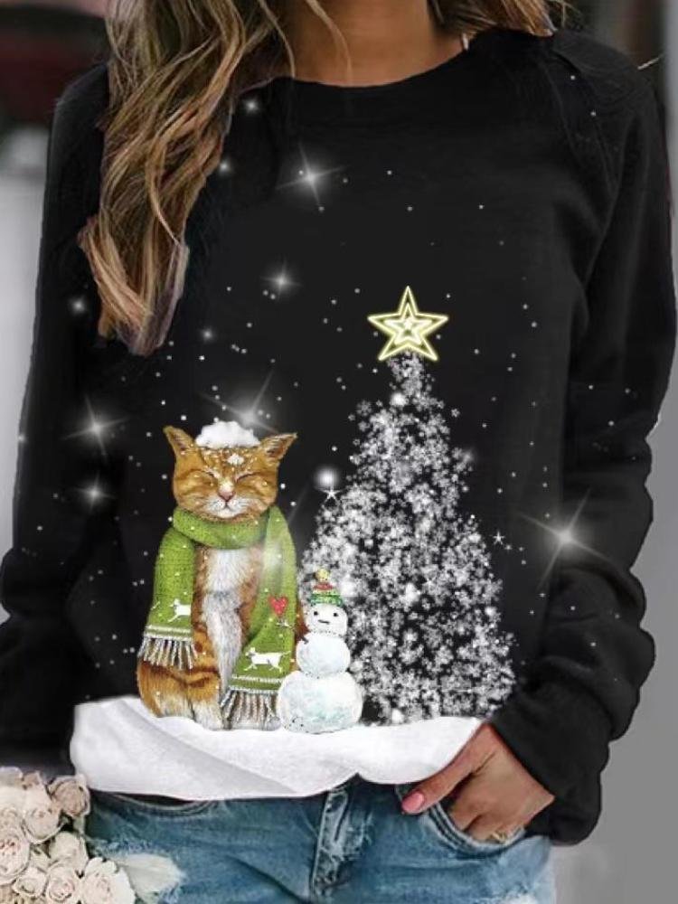 Women's Christmas Cat And Tree Printed Long Sleeved Round Neck Sweatshirt