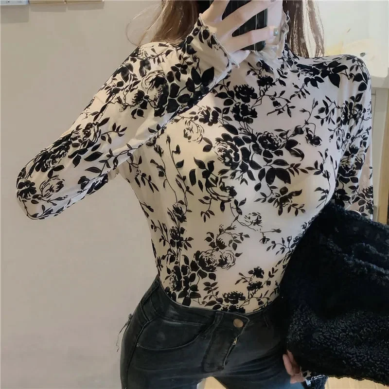 Tlbang Transparent Flocking Mesh T Shirts Tees Female Turtleneck Sexy Full Sleeve Tops For Women