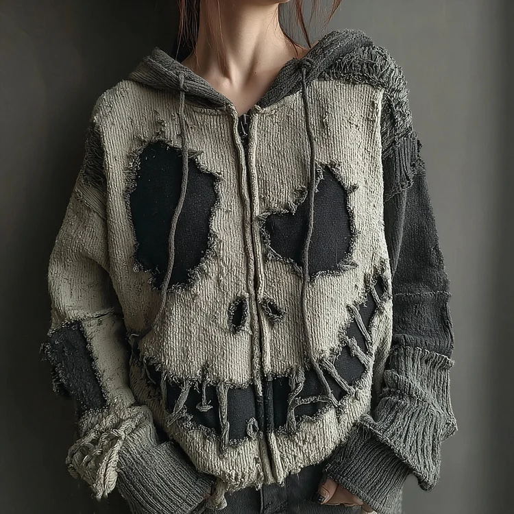 Halloween Spooky Smiley Face Knitted Warm Hooded Zip-up Sweater