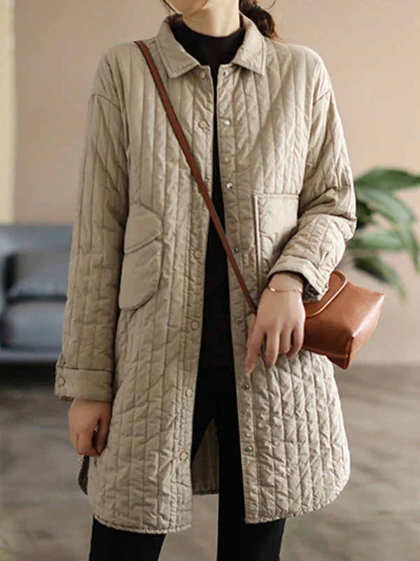 Split-side Solid Color Quilted Pockets Buttoned Asymmetric Loose Long Sleeves Lapel Padded Coat