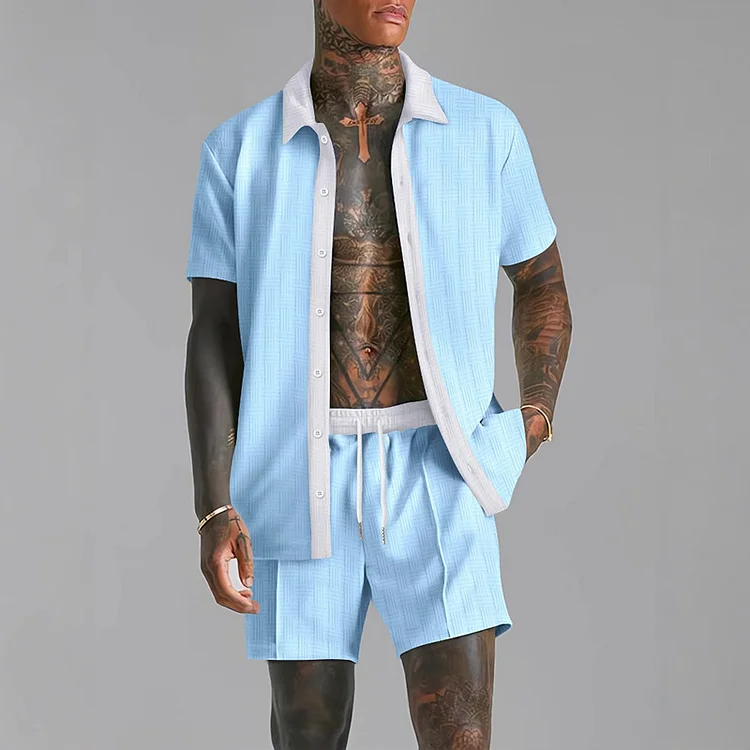 Casual Colorblock Short Sleeve Shirt & Drawstring Shorts 2Pcs Set 