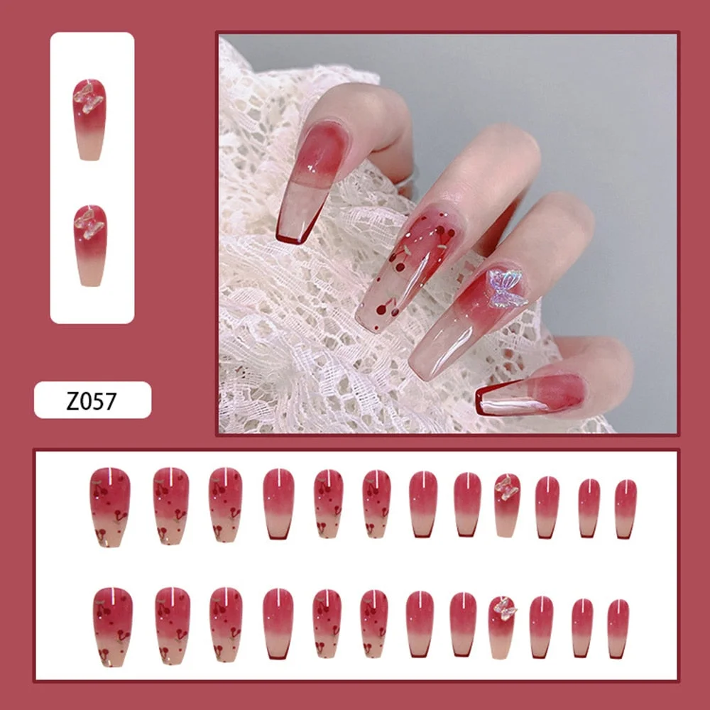 24Pcs Detachable Butterfly Rhinestone French Ballerina False Nails Artificial Coffin Full Cover Fake Nails With Glue Manicure-Nail Inspo
