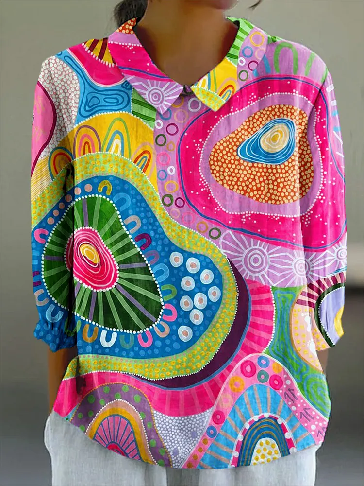 Women's Vintage Abstract Geometric Color Blocks Print Casual Cotton And Linen 3/4 Sleeve Shirt