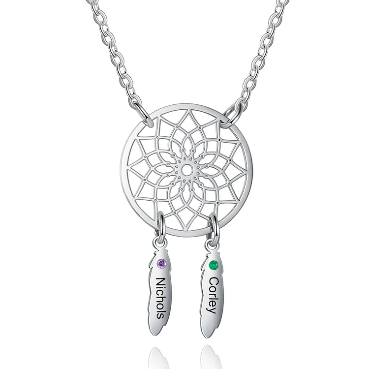 Personalized Dream Catcher Necklace with 2 Birthstones for Women