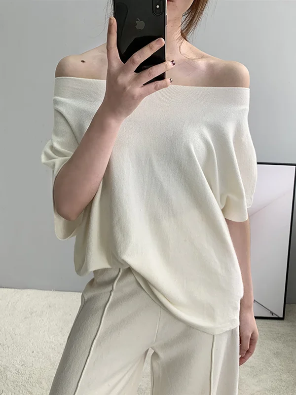 Half Sleeves Loose Solid Color Off-The-Shoulder Knitwear Pullovers Sweater Tops