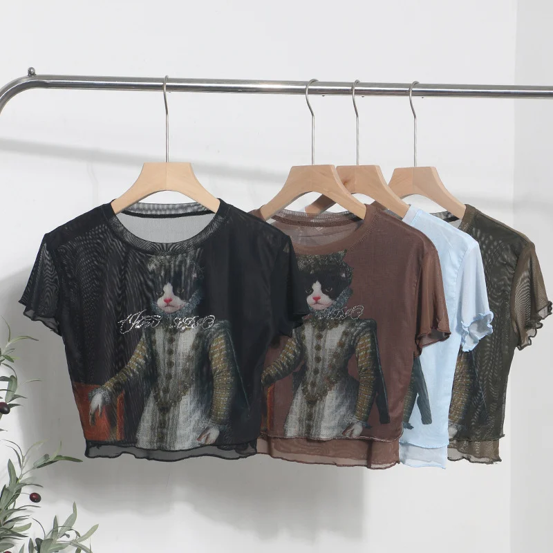 Uveng Front Double-Layer Mesh Hot Wood Ear Print Short-Cut Umbilly T-Shirt 8832-1