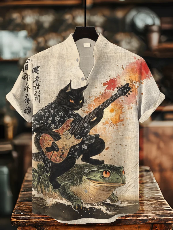 Men's Black Cat Riding On Toad Playing Guitar Print Short Sleeve Shirt