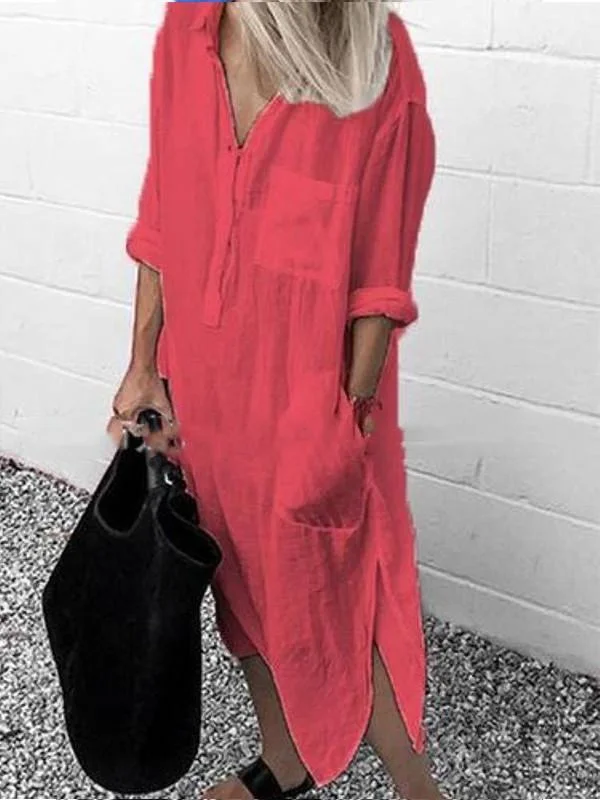 Cotton and linen solid color slit dress simple button long shirt skirt-Mayoulove