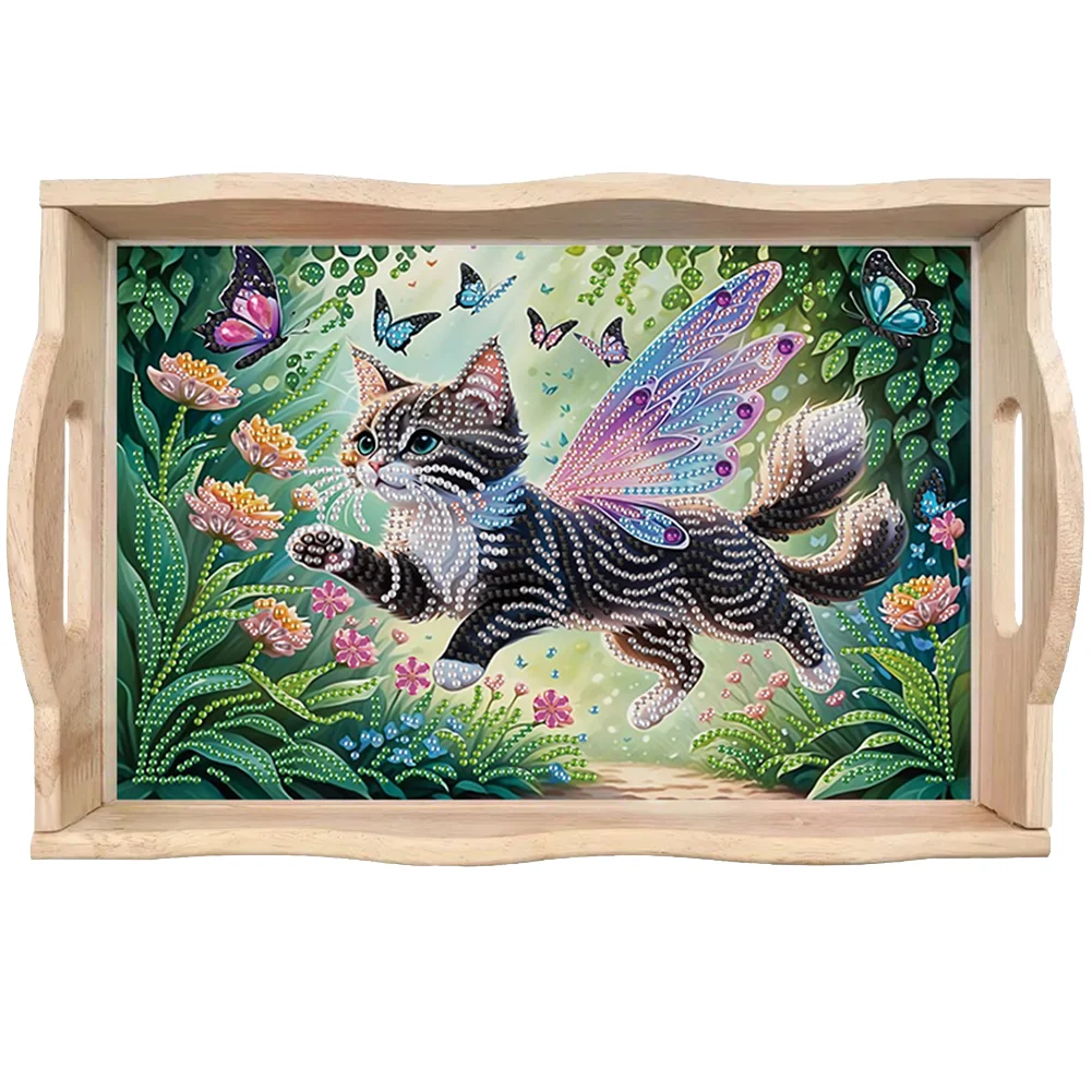 DIY Two-Tailed Elf Cat Wooden Diamond Decorative Serving Tray with Handle for Home