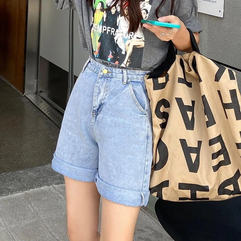 Ailegogo New Summer Women High Waist Wide Leg Black Denim Shorts Casual Female Loose Straight Button Jeans Bermuda Shorts