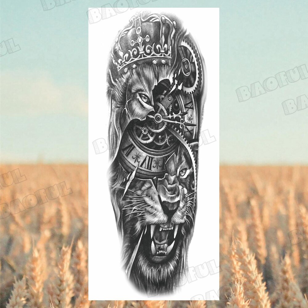 Gingf Sleeve Temporary Tattoos For Men Adults Realistic Lion Tiger Skull Thorns Compass Waterproof Fake Tattoo Stickers Arm Tatoo