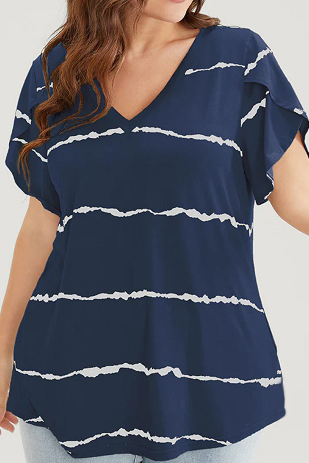 Plus Size Casual Dark Blue Striped Petal Sleeve Blouse 2024 - Flycurvy 