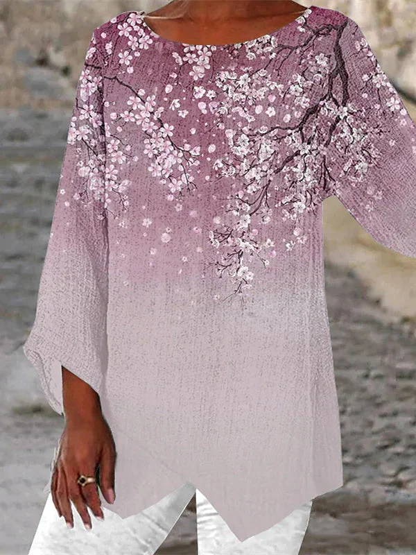 Women Asymmetrical 3/4 Sleeve Scoop Neck Floral Printed Top