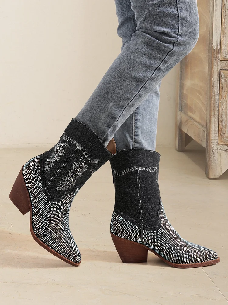 Pointed Toe Rhinestone Mid-Calf Western Denim Chunky Heel Ankle Boots shopify Stunahome.com