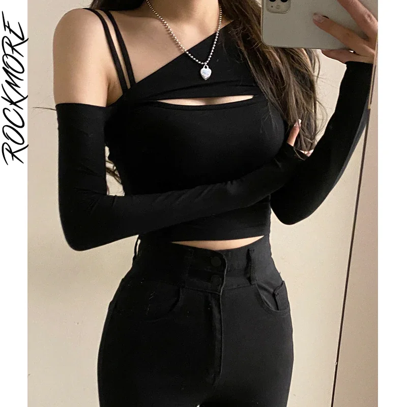 Toloer Rockmore 2 Piece T-Shirt And Cami Crop Top Women Y2K Harajuku Long Sleeve Skew Collar Casual Basic Tight  Tees Female Korean