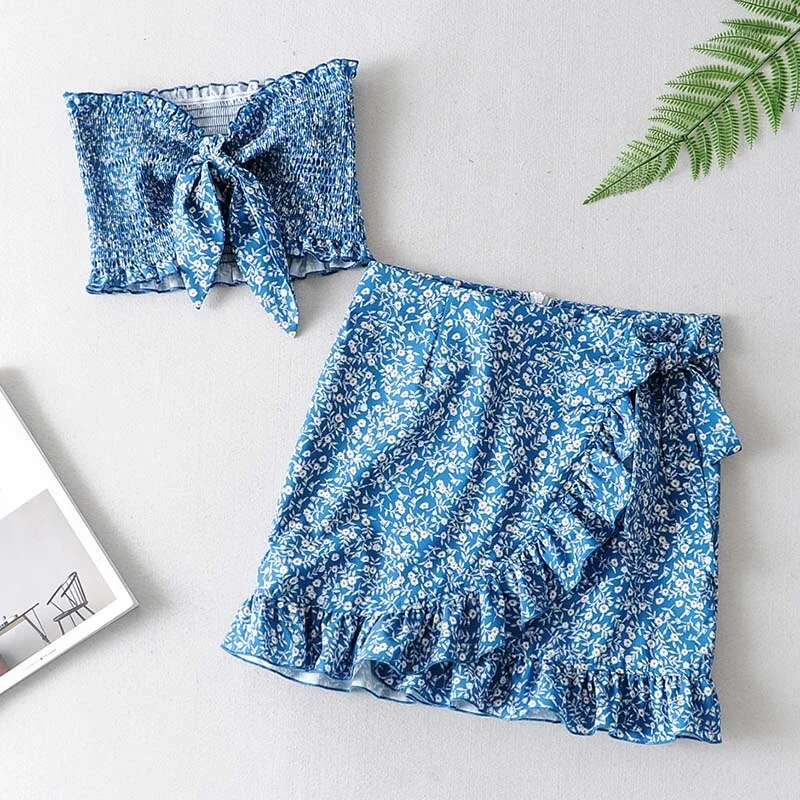 Aachoae Sexy Floral Print Beach Party Two Piece Set Women Bow Sheath Lady Crop Tops Ruffles A Line Mini Skirt Conjuntos De Mujer