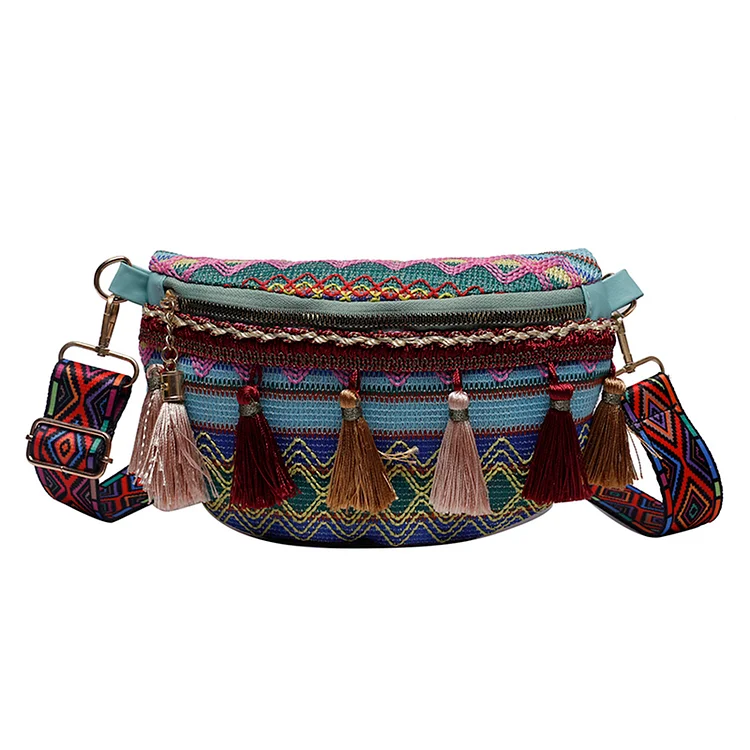 Ethnic Style Waist Fanny Pack Canvas Tassel Crossbody Chest Belt Bag (Blue)