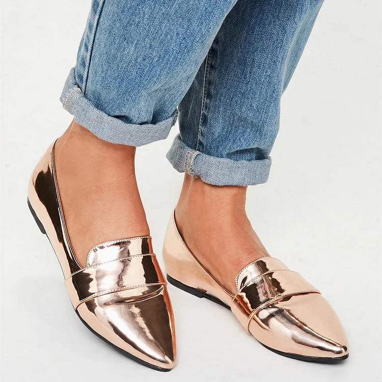 Rose Gold Metallic Slip-on Pointed Toe Flat Women's Loafers |FSJ Shoes