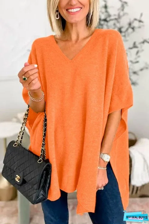 Chicest V Neck Loose Fit Solid Poncho Sweater