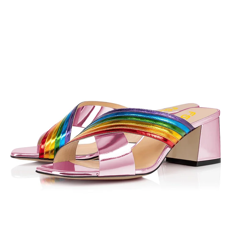 Pink and Rainbow Color Mule Heels Open Toe Slide Sandals |FSJ Shoes