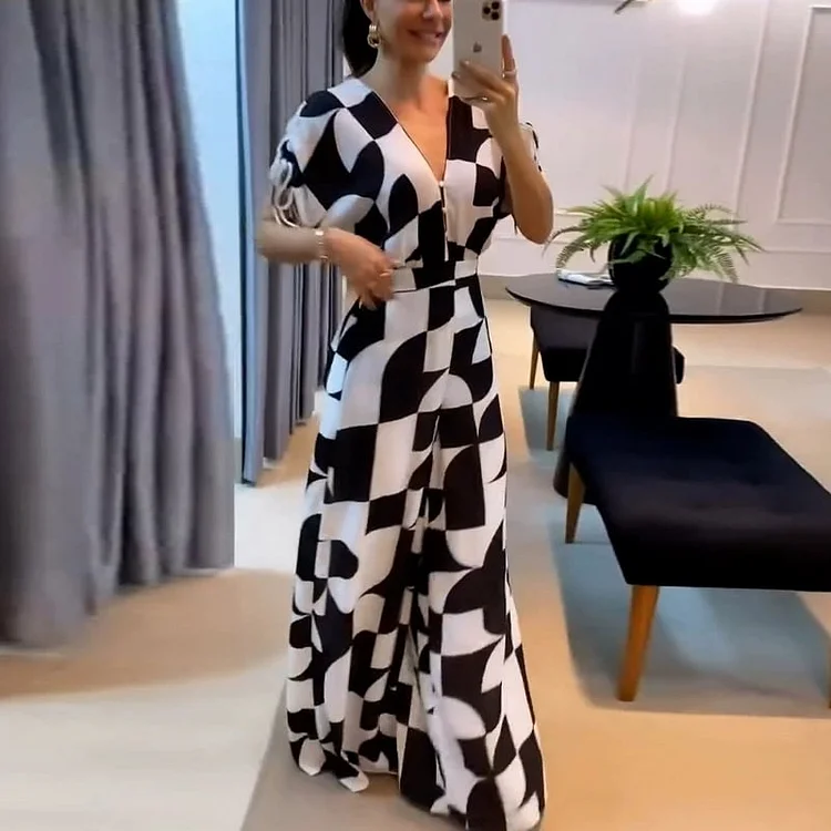 Women's Casual V-Neck Geometric Print Wide Leg Jumpsuit