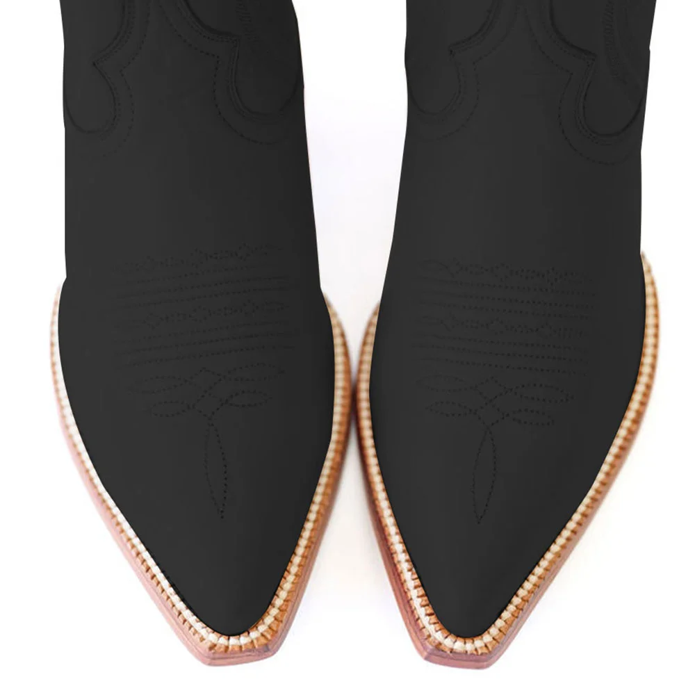 Black Embroidered Snip Toe Chunky Heel Western Short Boots for Women
