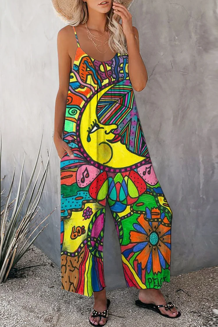 🔥kukelife🔥Hippie Psychedelic Moon Art Pattern Tut Jumpsuit