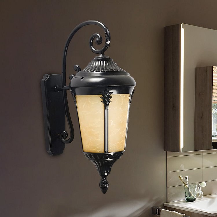 1 Bulb Tan Cracked Glass Sconce Lighting Country Black Urn Outdoor Wall Mount Lamp