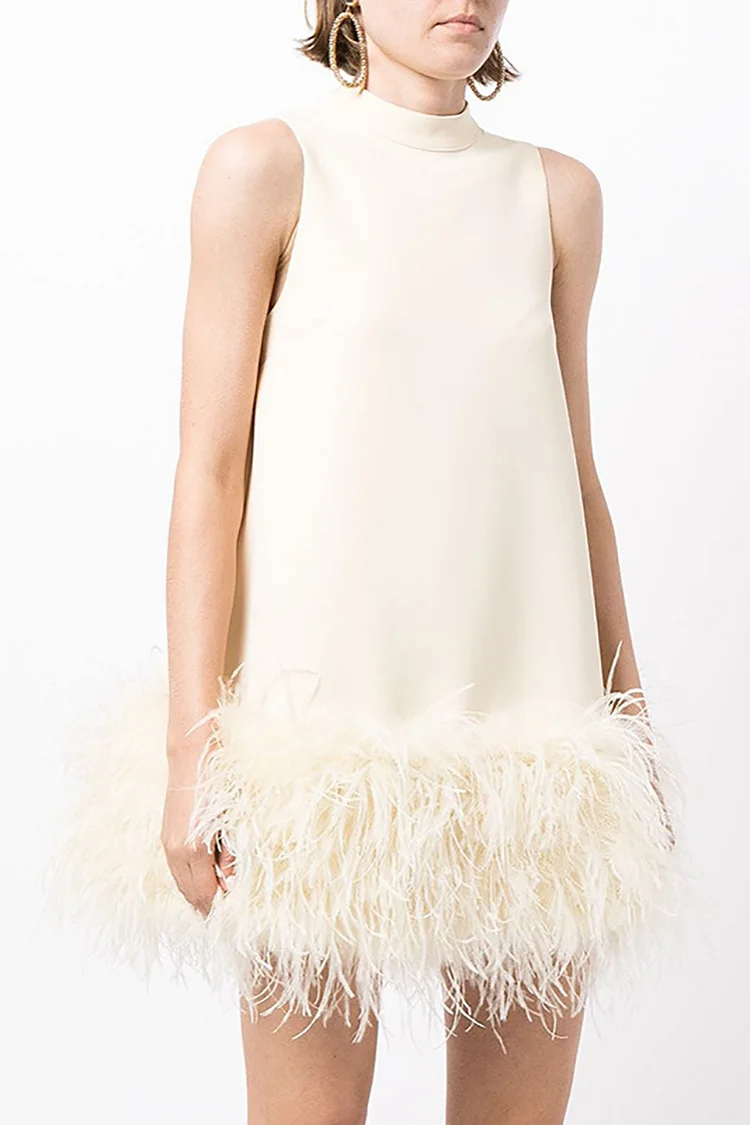 Feather Trim Hem Sleeveless Semi-High Neck Garden Party Mini Dresses