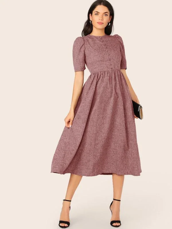 Covered Button Front Fit And Flare Dress