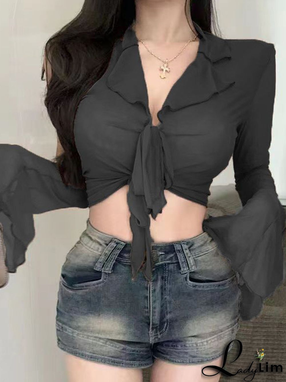 See-through Gather Lace Mesh Blouse main image 1