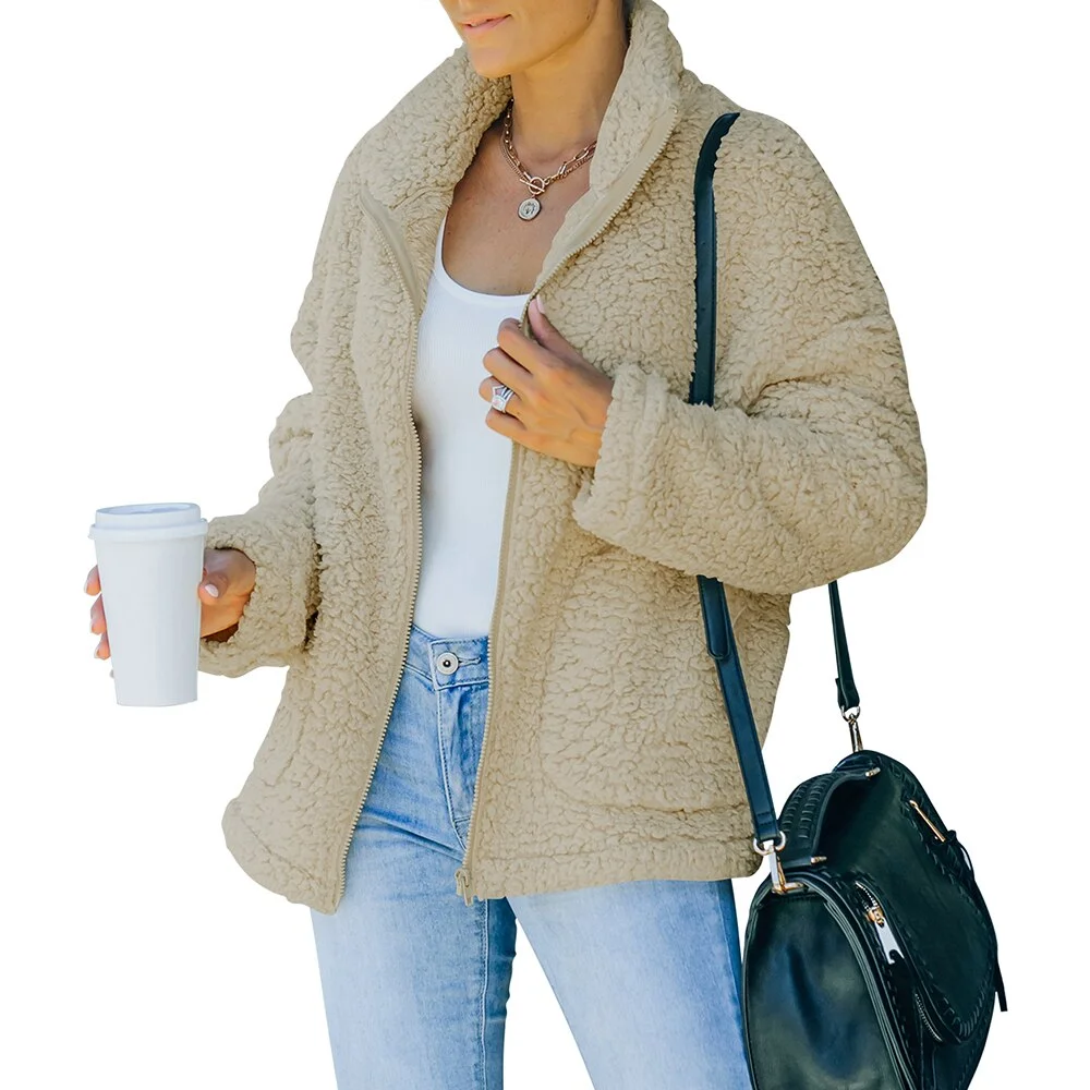 Women Pockets Lapel Coats Solid Color Winter Long Sleeve Casual  Zipper Up Sweater Turn-down Collar Warm Lady Streetwear Autumn