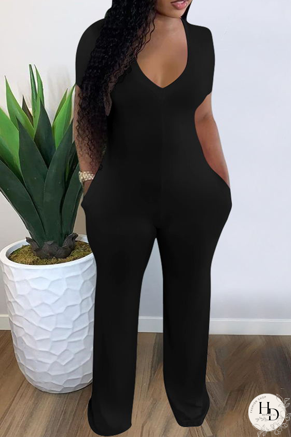 Black Casual Solid Split Joint V Neck Skinny Jumpsuits