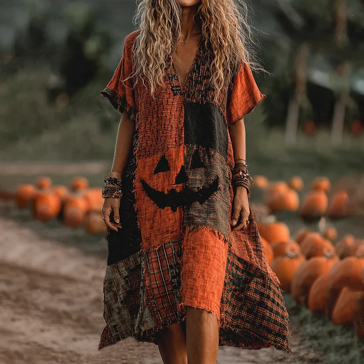 Vintage Halloween Pumpkin Face Patchwork Art Linen Midi Dress