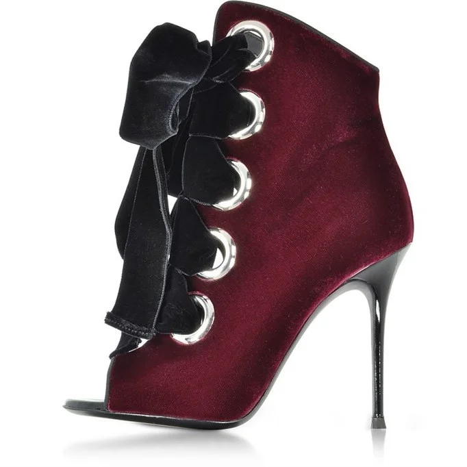 Burgundy Velvet Ankle Boots Chic Lace-Up Stiletto Peep Toe Booties |FSJ Shoes