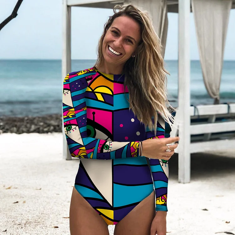 Long Sleeve Abstract Print Backless Surf One Piece Swimsuit
