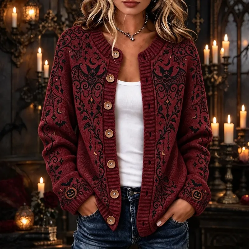 Comstylish Women's Halloween Bat Plant Floral Pumpkin Pattern Sweater Cardigan
