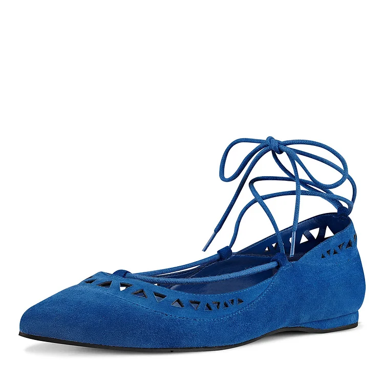 Blue Pointy Toe Hollow out Comfortable Flats Strappy Ballet Shoes |FSJ Shoes