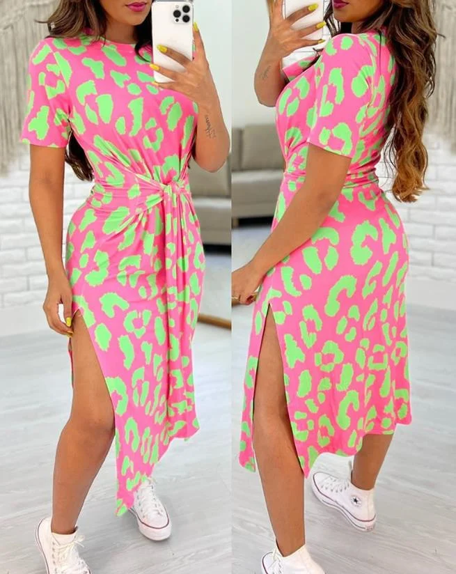 Wongn Wongn Round Neck Short Sleeve Slit A-Line Dress Tie Print Women's Dress