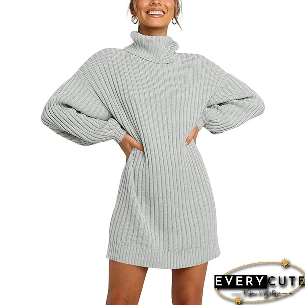 Light Gray High Collar Knit Long Sleeve Sweater Dress