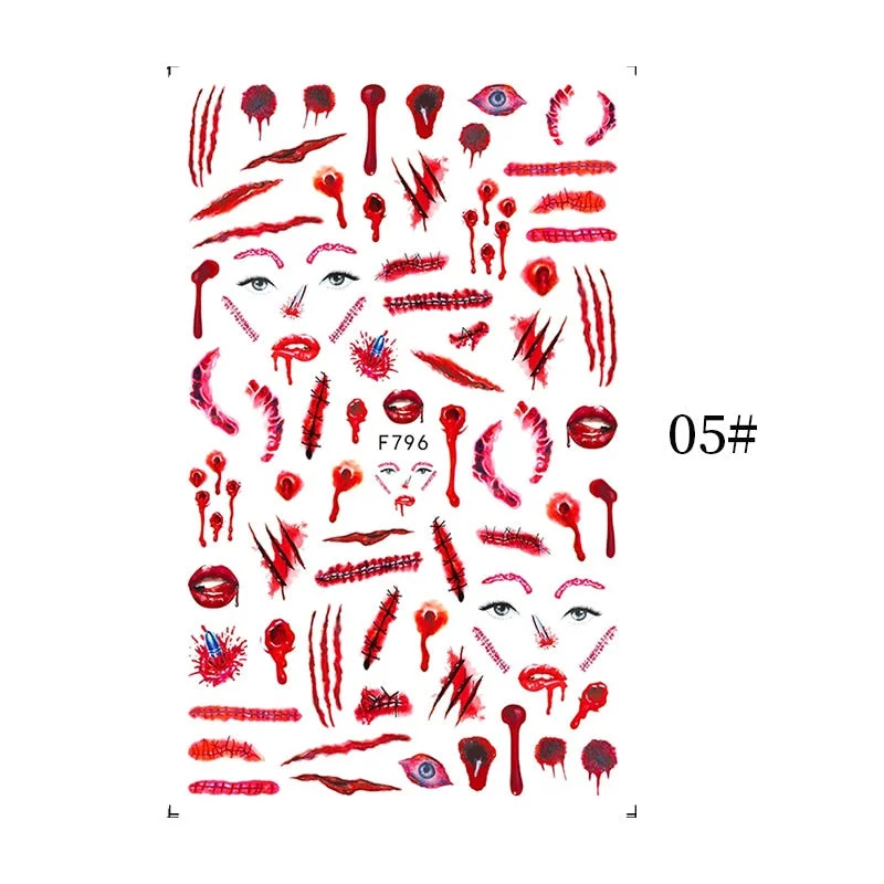 1PCS Bloody Halloween Theme Nail Foil Stickers Red Hand Scar Lips Snake Anime Nail Design 3D ManicureS Gel Polish Decor Sliders