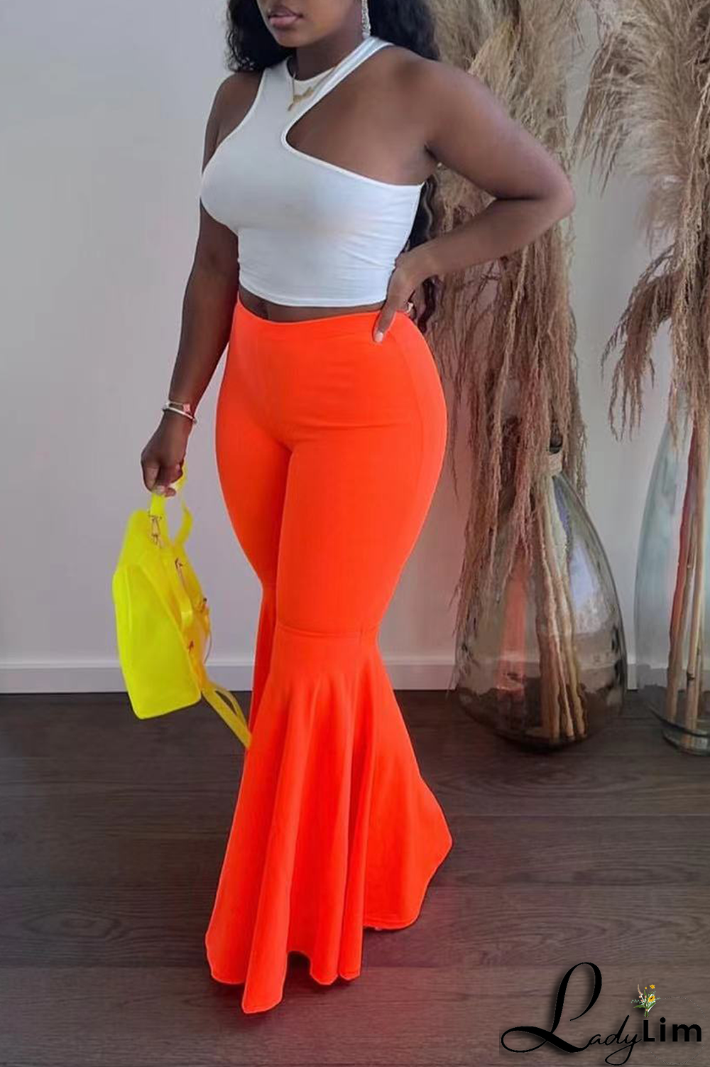 Fluorescent Green Fashion Solid Flounce Boot Cut High Waist Speaker Solid Color Bottoms