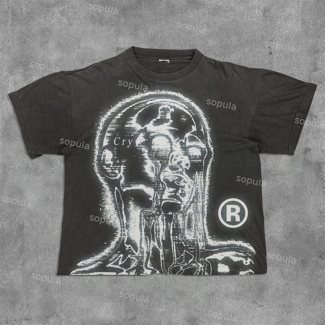 Sopula Vintage Cry Print Acid Washed Character Portrait Graphic Tee