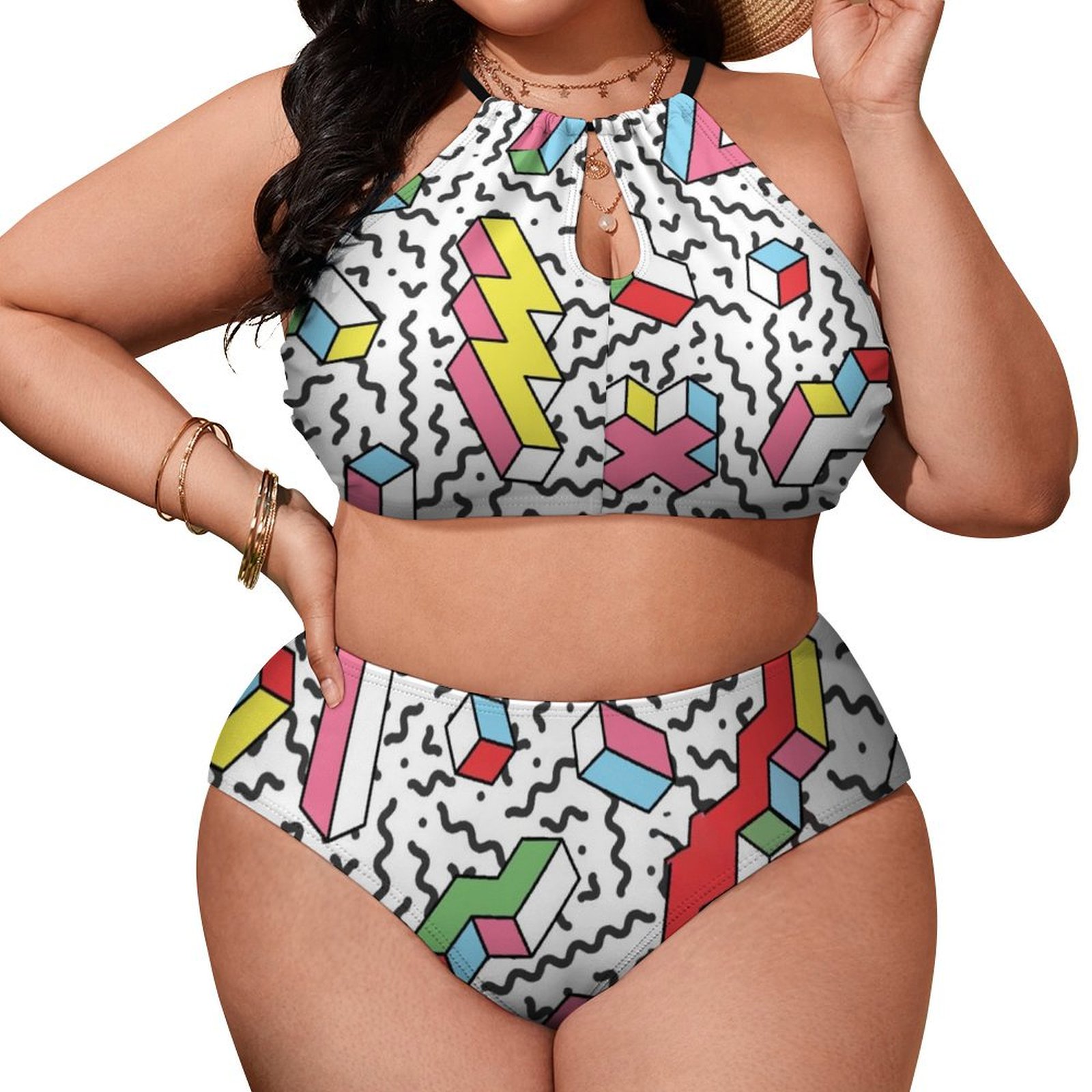 Women's Eighties Memphis High Waisted Two-Piece Plus Size Bikini Swimsuits Sets