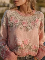 Vintage Boho Roses Pattern Round Neck Cozy Knit Sweater