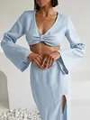 Simple V-Neck Long Sleeve Top&Split-Side Skirt Two-Piece Suit