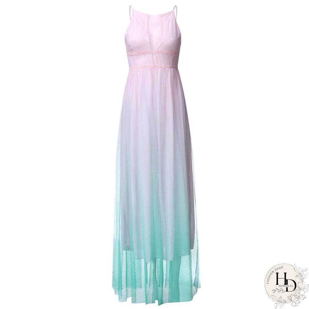 Women Fashion Gradient Mesh Beach Dress Boho Hanging Neck Party Big Swing Dress