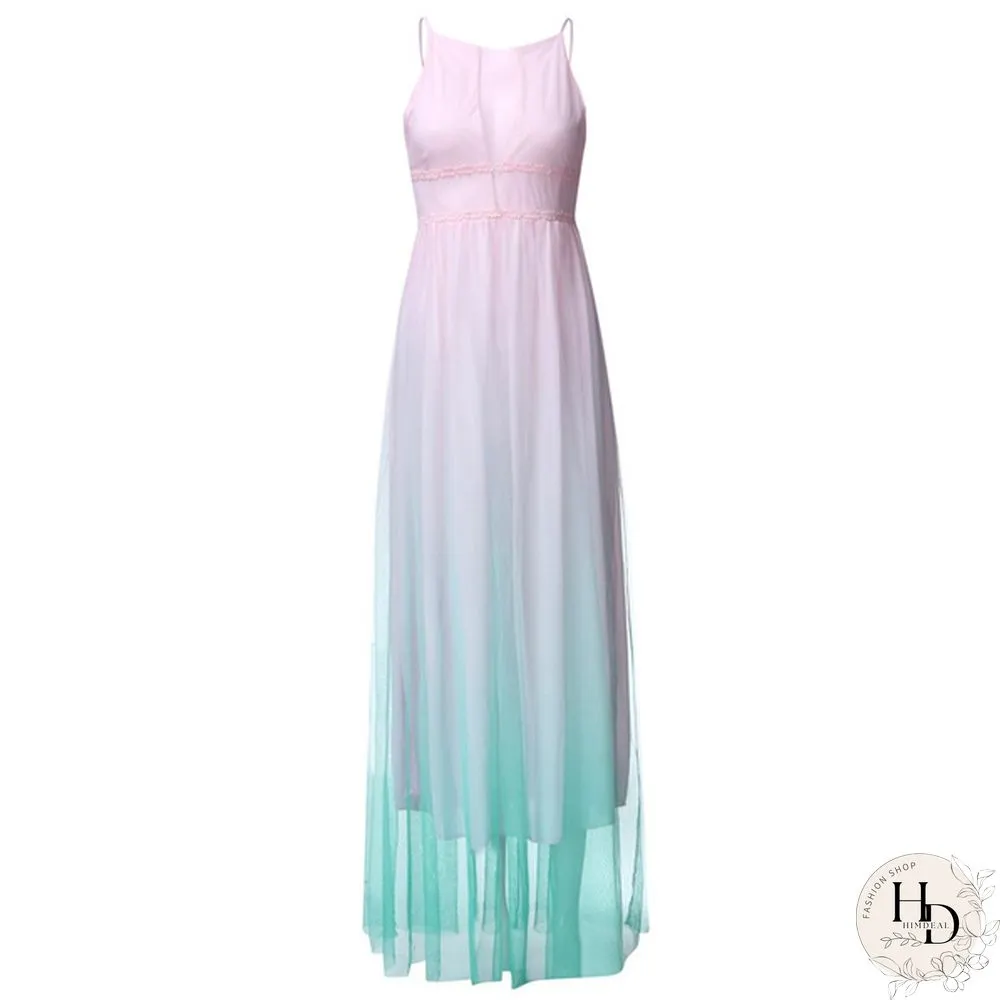 Women Fashion Gradient Mesh Beach Dress Boho Hanging Neck Party Big Swing Dress