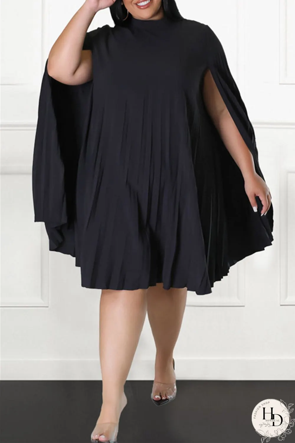 Red Casual Solid Patchwork Fold Half A Turtleneck Plus Size Dresses