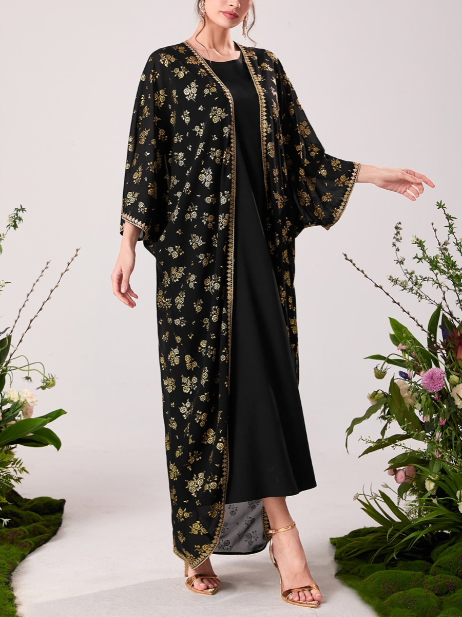 Floral Pattern Round Neck Dress and Gauze Outerwear Set | Oxredo Shop Ramadan Sale